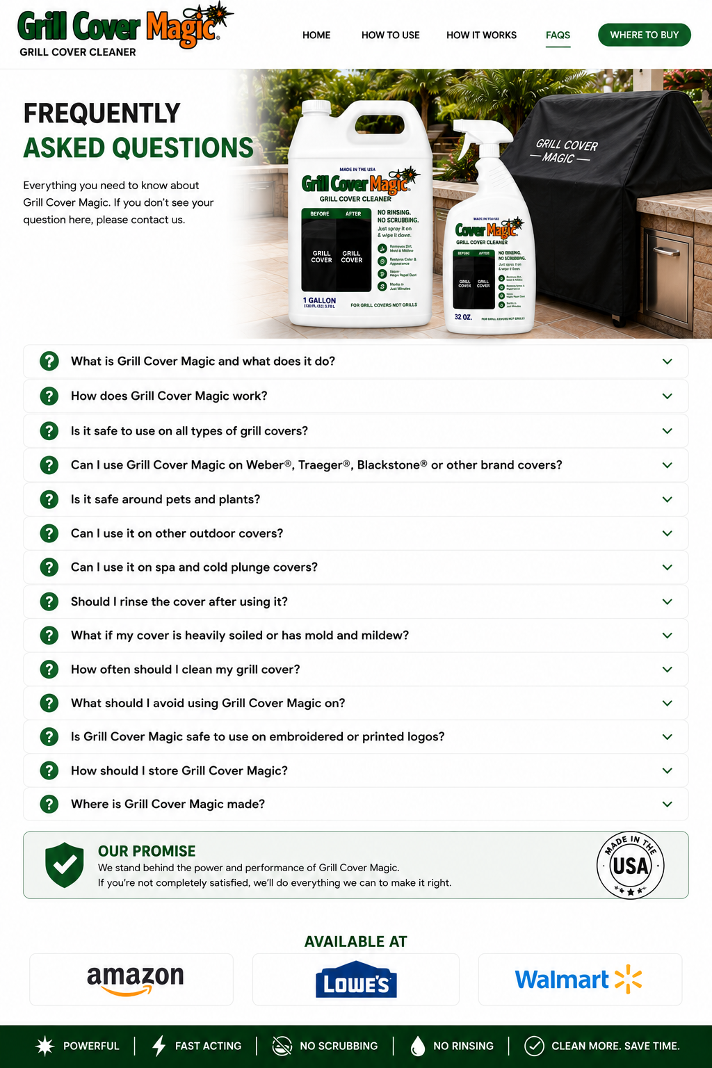 Frequently asked questions about Grill Cover Magic with product bottles and a covered grill.