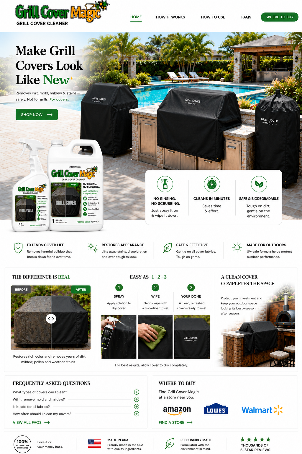 Grill Cover Magic home page showing covered grills, the 32 ounce trigger spray, one gallon refill, benefits, directions, FAQs, and retailer logos.