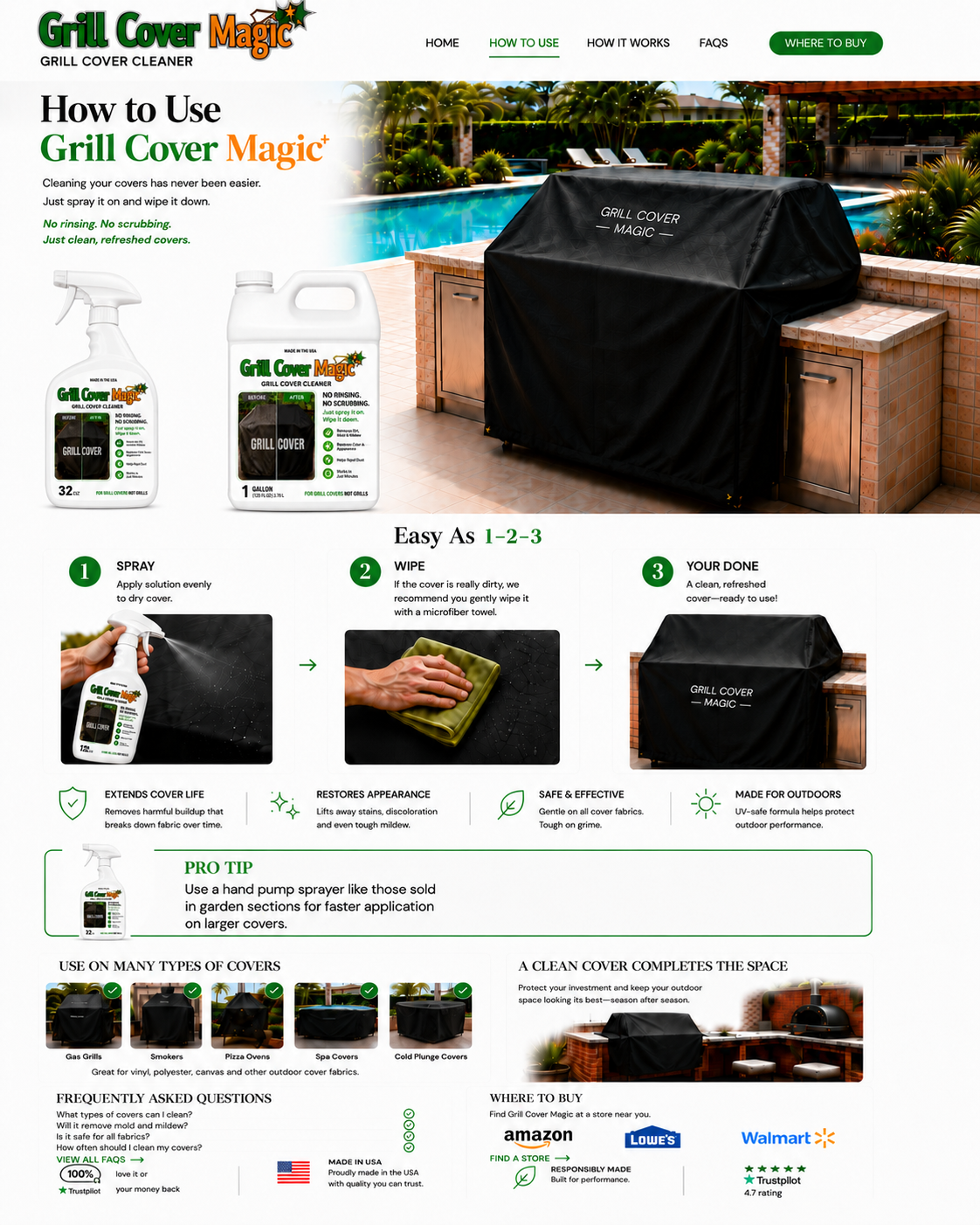 How to use Grill Cover Magic with three steps: spray, wipe if needed, and enjoy a clean refreshed cover, plus a hand pump sprayer pro tip and examples of outdoor covers.