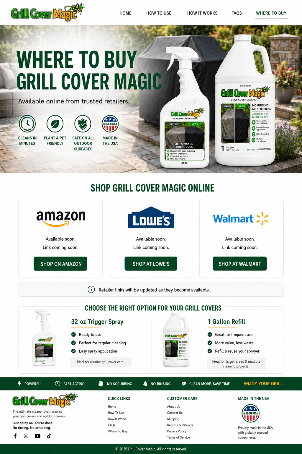 Where to buy Grill Cover Magic, with the 32 ounce trigger spray, one gallon refill, and Amazon, Lowe's, and Walmart shopping options.